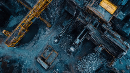 This aerial image captures a bustling construction site featuring heavy machinery and cranes surrounded by gravel, showcasing the intricacies of industrial operations.の素材