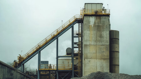 A striking image of an industrial factory featuring a concrete structure and machinery, highlighting the production process under a cloudy sky in an urban setting.の素材