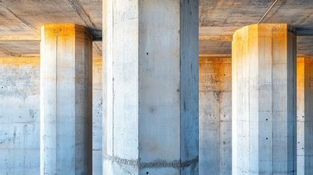A stunning visual of concrete pillars showcasing their rough textures and warm lighting. This image captures modern architecture's essence and industrial design beauty.の素材