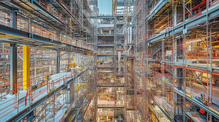 Captivating view of a busy construction site filled with intricate scaffolding and structural details, emphasizing the complexity and scale of modern urban building projects.の素材