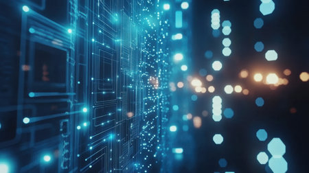 Explore this abstract digital technology background featuring glowing circuits and vibrant lights, perfect for projects related to innovation and modern design aesthetics.の素材