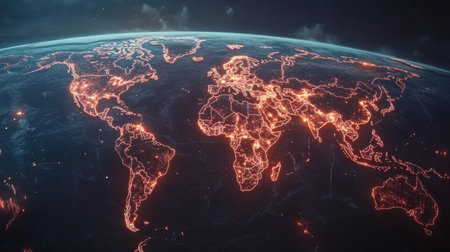 A breathtaking digital portrayal of Earth, showcasing illuminated cities and geographic borders. This artistic representation emphasizes global connectivity and the beauty of our planet.の素材