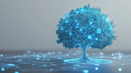 Explore a stunning digital representation of a tree, showcasing neon blue connections symbolizing the fusion of nature and technology in a modern conceptual design.の素材