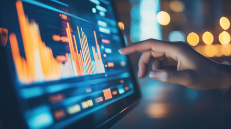 A close-up of a hand interacting with a vibrant touchscreen display, showcasing colorful graphs and charts for data analysis in a modern business environment.の素材