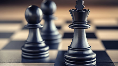 An artistic close-up of black chess pieces on a wooden board, highlighting the queen and pawn. This image captures the strategic nature of chess and its thoughtful gameplay.の素材