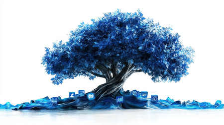 This striking blue tree illustration merges nature and technology, featuring digital icons that represent growth and innovation in a stunning minimalist design.の素材