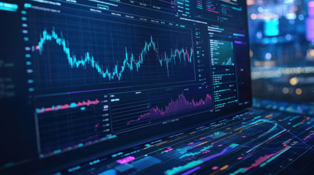 A sleek laptop displays vibrant data visualizations and analytics. The colorful graphs represent market trends, enhancing understanding and decision-making in a tech-focused environment.の素材