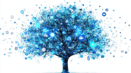Vibrant blue digital tree with abstract symbols representing various forms of communication and technology, symbolizing connectivity and innovation in a modern world.の素材
