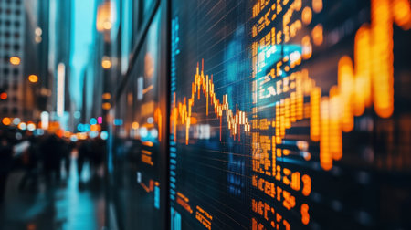 A dynamic urban scene showcases a glass building displaying stock market data amidst a lively city environment, capturing the essence of finance and modern technology.の素材