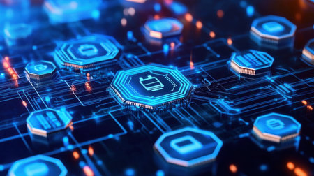 Explore a dynamic digital circuitry background featuring blue glowing hexagonal patterns and intricate connections, symbolizing advanced technology and innovation.の素材