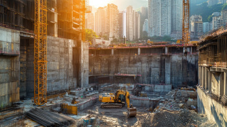 A vibrant urban construction site showcasing heavy machinery at work amidst towering buildings, illuminated by the warm glow of a setting sun.の素材