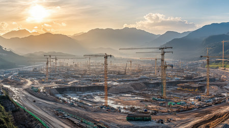 A panoramic view of a large construction site at sunset, featuring towering cranes against mountainous terrain. The image captures the essence of industrial growth and urban development.の素材