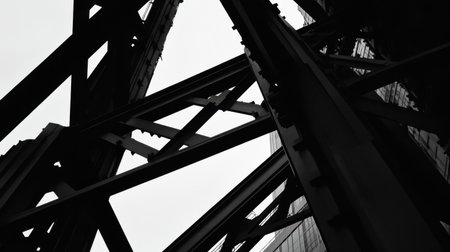 A dramatic black and white image focusing on an urban metal framework, showcasing intricate lines and geometric patterns against a cloudy sky.の素材