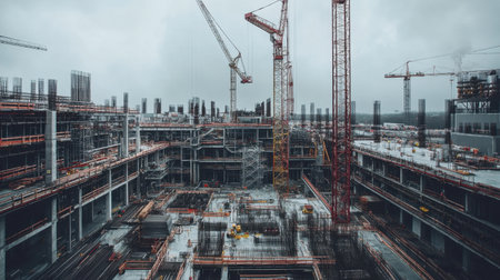 A dynamic view of a construction site showcasing cranes, scaffolding, and workers laboring under a cloudy sky. The scene highlights urban development and architectural progress.の素材