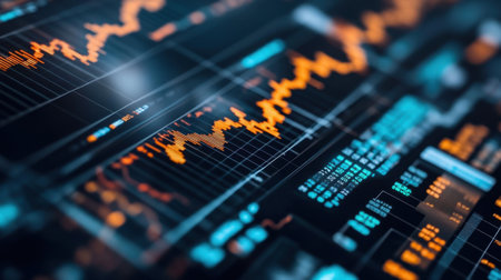 Detailed visualization of financial data with vibrant orange lines on a dark background, showcasing market trends and dynamic stock information for financial analysis.の素材