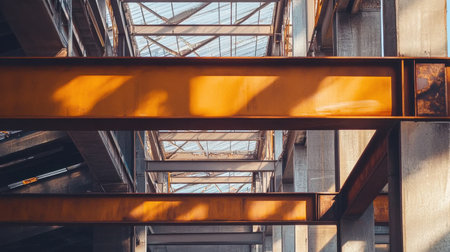 Captivating abstract view of an industrial construction site showcasing steel beams and intriguing shadows created by natural light flowing through the structure.の素材