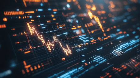 Dynamic abstract image showcasing digital data visualization with luminous graphs and charts, ideal for financial analytics, technology design, and market insights.の素材