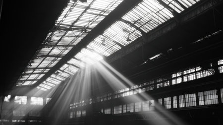 This captivating black and white image showcases sunlight streaming through the rafters of an abandoned industrial warehouse, highlighting its vintage architecture and creating a dramatic atmosphere.の素材