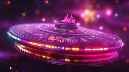 This image showcases a futuristic hovercraft adorned with vibrant neon lights set against a cosmic background, perfect for high-tech and sci-fi visual projects.の素材
