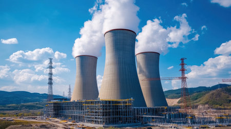 A view of cooling towers releasing vapor into a clear blue sky, highlighting an industrial site focused on energy generation and its environmental implications.の素材