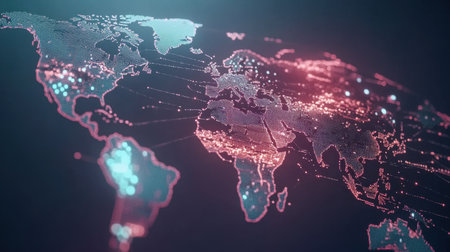This digital world map showcases vibrant neon connections, highlighting global data flow in a futuristic and abstract style ideal for technology and visualization projects.の素材