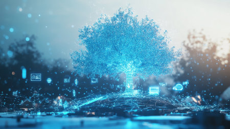 This artistic depiction showcases a digital tree integrated with technology, symbolizing the fusion of nature and innovation in a vibrant and abstract landscape.の素材