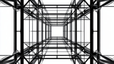 Explore a striking abstract view of modern architecture, showcasing a steel framework from an upward perspective, emphasizing minimalism and geometric lines.の素材