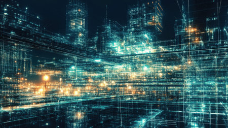 Experience a mesmerizing blend of futuristic city elements and digital networks with vibrant neon lights in this intricate 3D visualization of urban technology.の素材