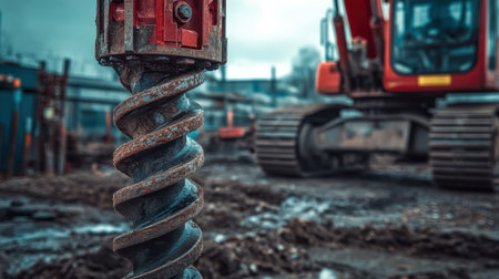 A close-up view of a large auger drill bit at a construction site, showcasing the rugged texture and detail of the tool with heavy machinery in the blurred background.の素材