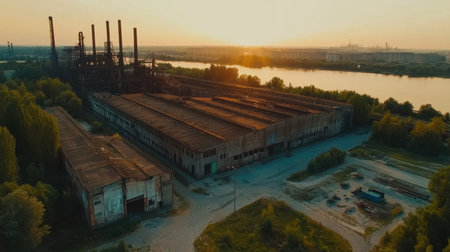 Discover the serene beauty of an abandoned industrial complex captured at sunset. This aerial view showcases the contrast between nature and man-made structures.の素材