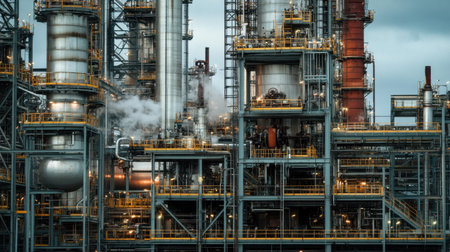 A detailed view of an industrial refinery with intricate pipes and structures, showcasing the complexity of modern manufacturing and energy production processes.の素材