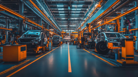 A vibrant interior of a modern automotive manufacturing facility showcasing advanced robotics and assembly line operations. The image captures high-tech processes in vehicle production.の素材