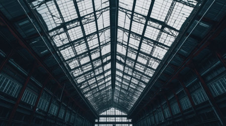 A striking perspective from within a modern industrial building showcasing a glass roof and steel structure, emphasizing the geometry and light that defines the space.の素材