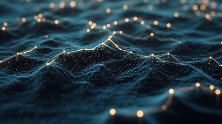 This abstract image features a digital landscape with illuminated nodes and flowing lines. It captures the essence of technology, innovation, and creativity in motion.の素材