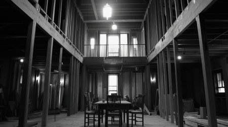 An expansive view of a partially constructed modern home emphasizes wooden beams and ample space, capturing the essence of a renovation project in monochrome tones.の素材