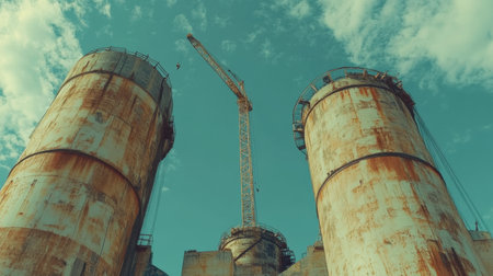 A striking view of rusty silos juxtaposed with a construction crane, highlighting the themes of urban decay and redevelopment in a modern industrial landscape.の素材