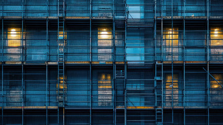 This image captures a detailed view of an urban building under construction, showcasing scaffolding and illuminated windows against a blue night background.の素材