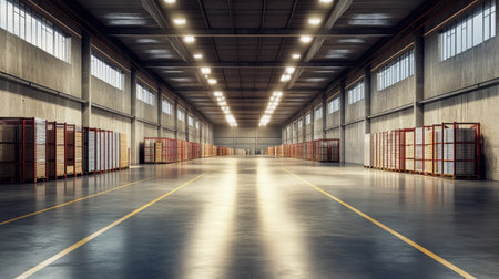 This image shows a spacious warehouse interior featuring tall shelves filled with goods, bright overhead lights, and a smooth empty floor, perfect for logistics needs.の素材