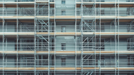 A close-up view of a construction site showing metal scaffolding and framework on a building facade. The image captures the essence of urban renovation work with detailed construction elements.の素材