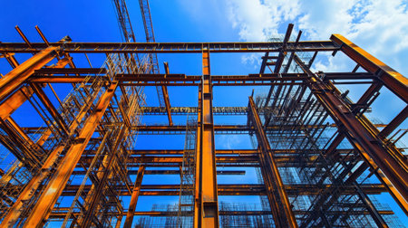 A dynamic view of an industrial construction site showcasing intricate steel frameworks and beams against a vibrant blue sky, emphasizing modern architecture and engineering.の素材