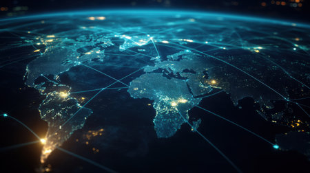 A stunning night view of a world map showcasing digital connectivity and communication through bright city lights and intricate geometric lines illustrating data flows.の素材
