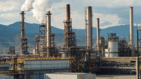 An impressive industrial plant stands tall against a mountainous backdrop, with smokestacks releasing steam and emissions, highlighting the complex relationship between industry and environment.の素材