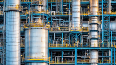 A vibrant and intricate view of industrial pipes and machinery used in a chemical processing plant, highlighting modern technology and structural design elements.の素材