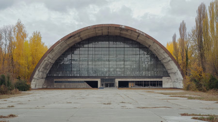 A striking view of an abandoned industrial building featuring an arched roof, surrounded by colorful autumn trees and a tranquil, overgrown environment.の素材