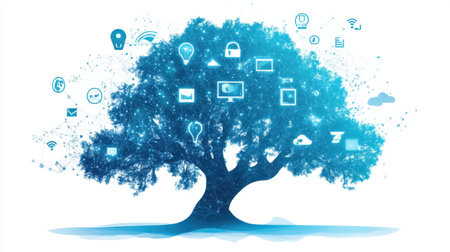 A visually stunning digital tree featuring technology icons that symbolize connectivity, growth, and innovation in contemporary life, portraying a harmonious blend of nature and technology.の素材