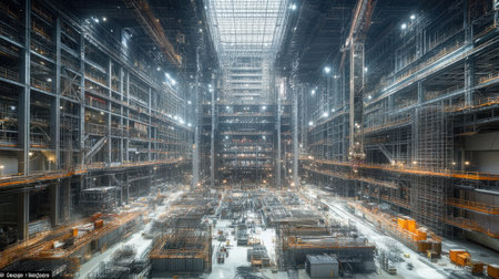 A stunning view of a spacious industrial warehouse featuring intricate scaffolding, bright lighting, and organized construction materials, reflecting modern construction processes.の素材