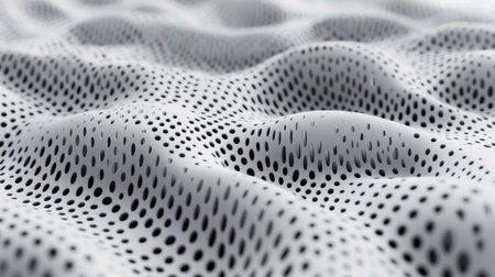 This abstract image features a wave-like surface with black dots against a white background, ideal for modern design projects and innovative material concepts.の素材