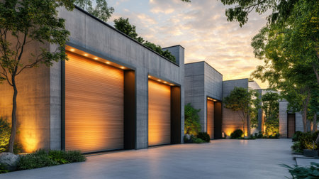 A striking modern garage design featuring illuminated doors, surrounded by lush landscaping, creating a tranquil atmosphere during a picturesque sunset.の素材