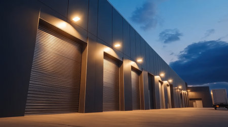 A sleek, modern industrial warehouse featuring multiple roller shutter doors illuminated by soft lights at dusk, creating a serene urban atmosphere for business themes.の素材