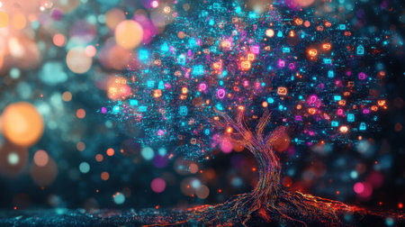 A stunning illustration of a digital tree adorned with colorful social media icons, representing connectivity and modern communication in a vibrant, artistic style.の素材